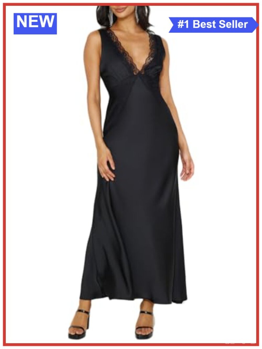 Women's Satin Lace V Neck Backless Formal Maxi Dress